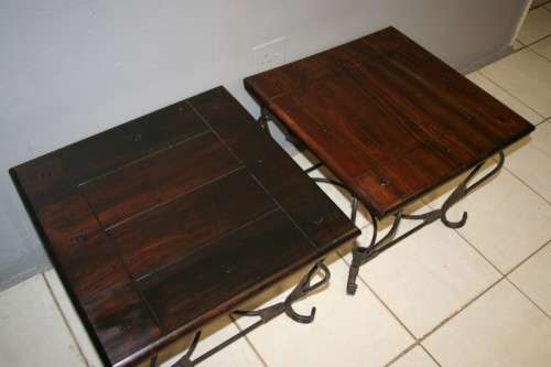 TWO FANTASTIC AND VERY WELL MADE WROUGHT IRON AND INDONESIAN TEAK COFFEE TABLE bid/table