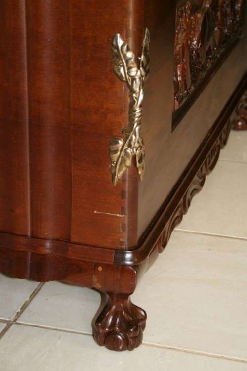 A SPECTACULAR LARGE ANTIQUE SOLID STINKWOOD WOODEN KIST WITH HEAVY BRASS EMBELLISHMENTS