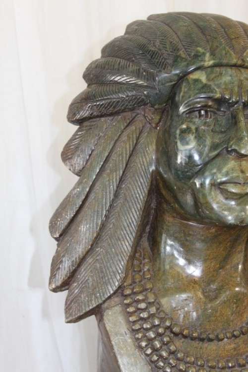 A MAGNIFICENT & UNIQUE HUGE HAND CARVED NATIVE AMERICAN INDIAN CHIEF GREEN OPAL STONE BUST SCULPTURE