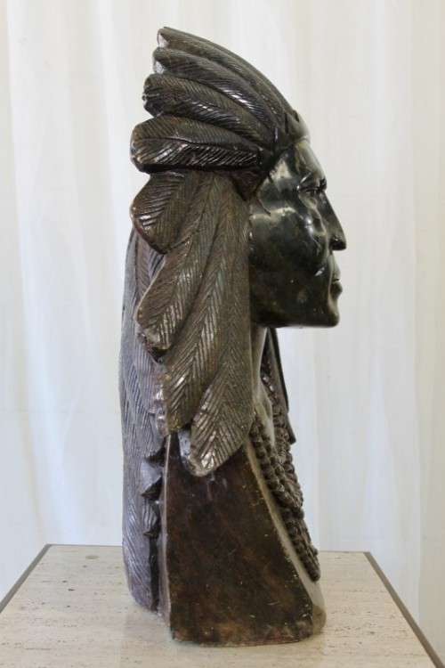 A MAGNIFICENT & UNIQUE HUGE HAND CARVED NATIVE AMERICAN INDIAN CHIEF GREEN OPAL STONE BUST SCULPTURE