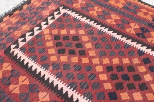 AN INCREDIBLE LARGE (3m x 1.96m) TURKISH KILIM CARPET w/ ORANGE, RUST, BROWN, BLACK & CREAM COLOURS