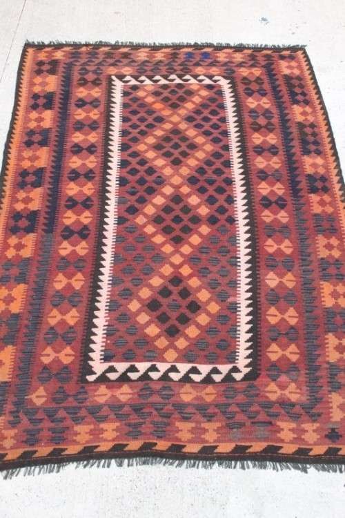 AN INCREDIBLE LARGE (3m x 1.96m) TURKISH KILIM CARPET w/ ORANGE, RUST, BROWN, BLACK & CREAM COLOURS