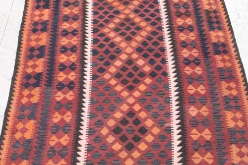 AN INCREDIBLE LARGE (3m x 1.96m) TURKISH KILIM CARPET w/ ORANGE, RUST, BROWN, BLACK & CREAM COLOURS