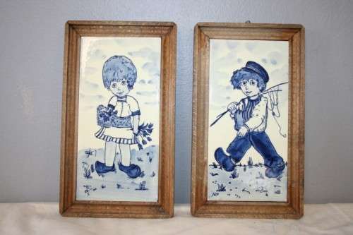 2 x AWESOME DUTCH DELFT HAND PAINTED BLUE & WHITE PORCELAIN TILED PICTURES w/ WOODEN FRAMES bid/item