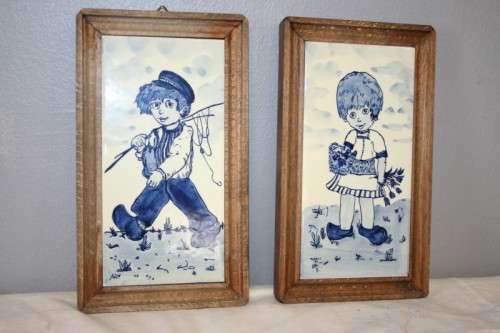 2 x AWESOME DUTCH DELFT HAND PAINTED BLUE & WHITE PORCELAIN TILED PICTURES w/ WOODEN FRAMES bid/item