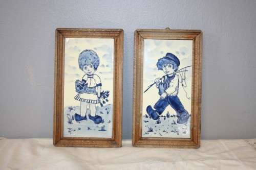 2 x AWESOME DUTCH DELFT HAND PAINTED BLUE & WHITE PORCELAIN TILED PICTURES w/ WOODEN FRAMES bid/item