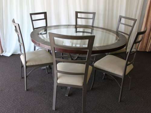 A stunning "All-Weather" patio table with bevelled glass top & 6x chairs with upholstered seats RS17