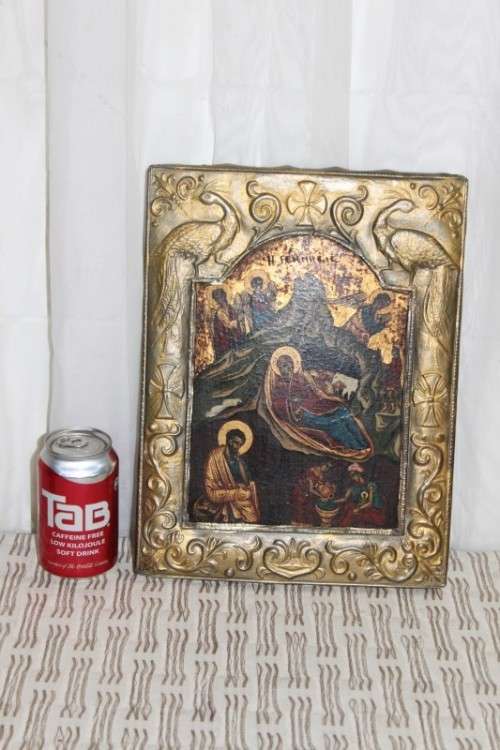 AN EXTREMELY RARE RUSSIAN RELIGIOUS ICON "NATIVITY SCENE" WITH SPECTACULAR ARTWORK