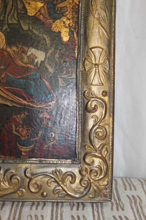 AN EXTREMELY RARE RUSSIAN RELIGIOUS ICON "NATIVITY SCENE" WITH SPECTACULAR ARTWORK