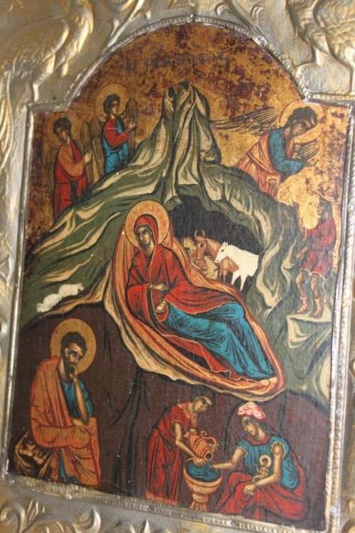 AN EXTREMELY RARE RUSSIAN RELIGIOUS ICON "NATIVITY SCENE" WITH SPECTACULAR ARTWORK