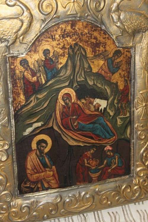 AN EXTREMELY RARE RUSSIAN RELIGIOUS ICON "NATIVITY SCENE" WITH SPECTACULAR ARTWORK