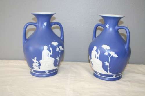 TWO AWESOME "BLUE AND WHITE" PORCELAIN GREEK AMPHORA DISPLAY VASES IN STUNNING CONDITION
