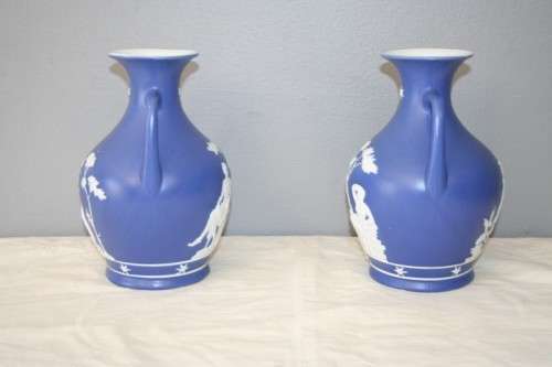 TWO AWESOME "BLUE AND WHITE" PORCELAIN GREEK AMPHORA DISPLAY VASES IN STUNNING CONDITION