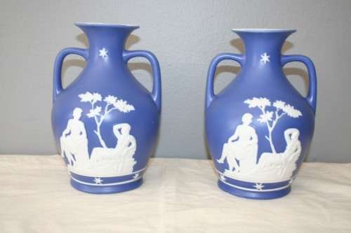 TWO AWESOME "BLUE AND WHITE" PORCELAIN GREEK AMPHORA DISPLAY VASES IN STUNNING CONDITION