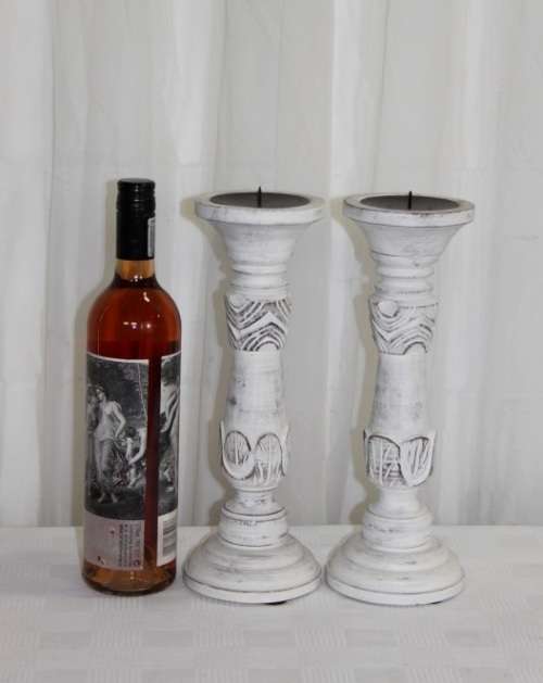 TWO FABULOUS (TALL) HAND CARVED "WHITEWASHED" WOODEN CANDLE HOLDERS IN AWESOME CONDITION bid/holder