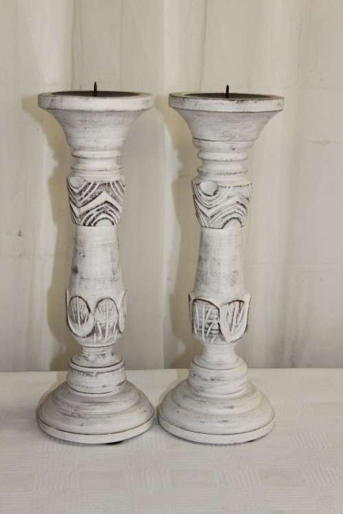 TWO FABULOUS (TALL) HAND CARVED "WHITEWASHED" WOODEN CANDLE HOLDERS IN AWESOME CONDITION bid/holder