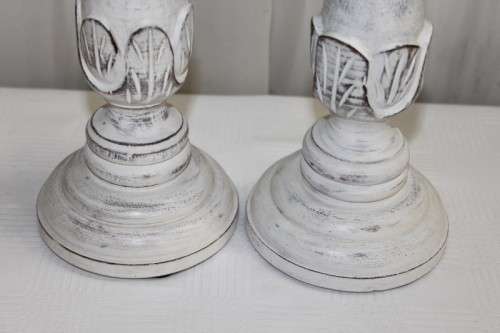 TWO FABULOUS (TALL) HAND CARVED "WHITEWASHED" WOODEN CANDLE HOLDERS IN AWESOME CONDITION bid/holder