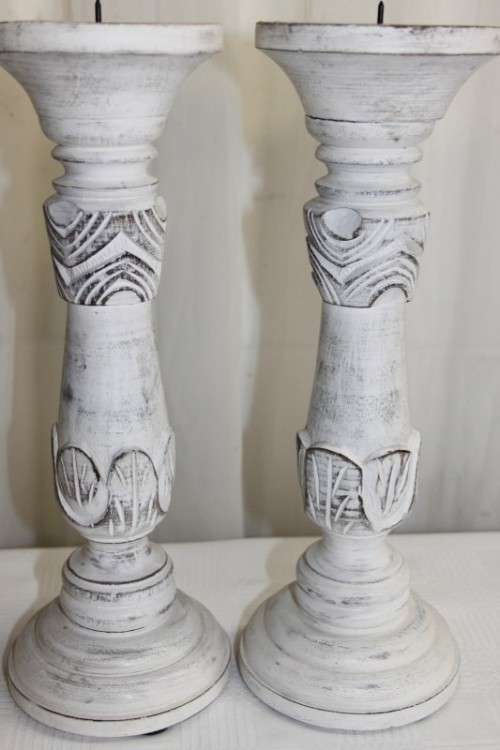 TWO FABULOUS (TALL) HAND CARVED "WHITEWASHED" WOODEN CANDLE HOLDERS IN AWESOME CONDITION bid/holder