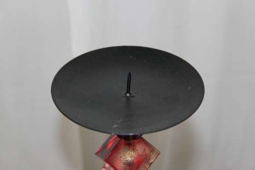AN AWESOME TALL "MODERN" BLACK METAL CANDLE HOLDER WITH A PINK AND RED BEADED STEM