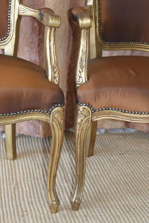 TWO INCREDIBLE (GOLD) "LOUIS XV" STYLE ARMCHAIRS WITH MAGNIFICENT CARVED DETAILING bid/chair