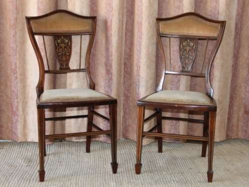 TWO EXQUISITE ANTIQUE EDWARDIAN OCCASIONAL CHAIRS WITH GORGEOUS MARQUETRY INLAY DETAILING bid/chair