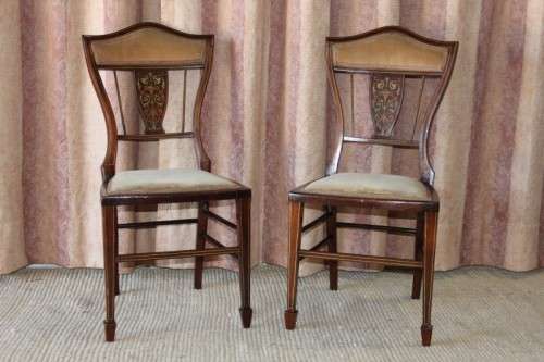 TWO EXQUISITE ANTIQUE EDWARDIAN OCCASIONAL CHAIRS WITH GORGEOUS MARQUETRY INLAY DETAILING bid/chair