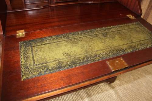 A SUPERB VINTAGE J. SYDNEY SMITH "KING WOOD" FLIP-TOP WRITING DESK w/ GREEN EMBOSSED WRITING TOP