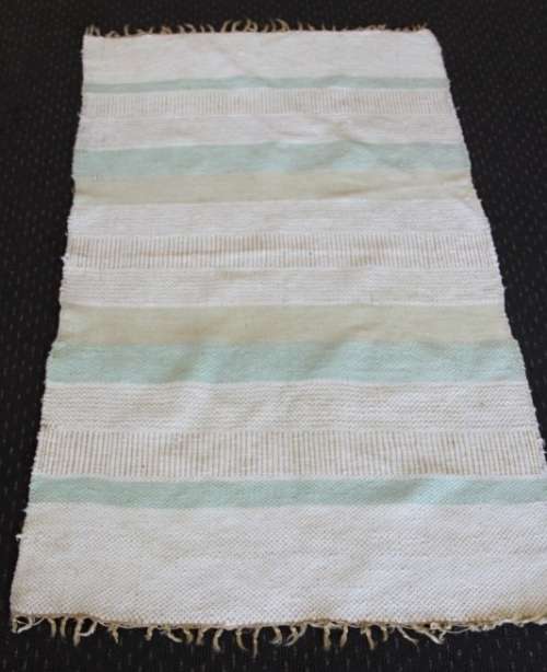 A STUNNING WOVEN WOOL CARPET IN SOFT GREENS, CREAM AND TAN STRIPES = PERFECT BATH CARPET