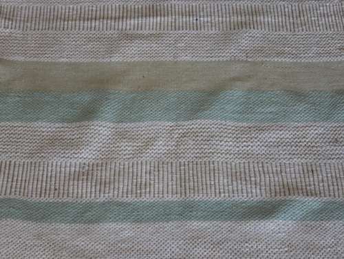 A STUNNING WOVEN WOOL CARPET IN SOFT GREENS, CREAM AND TAN STRIPES = PERFECT BATH CARPET