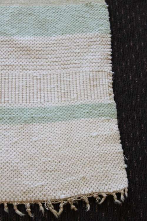 A STUNNING WOVEN WOOL CARPET IN SOFT GREENS, CREAM AND TAN STRIPES = PERFECT BATH CARPET