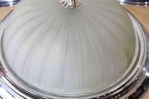 AN AWESOME COLLECTION OF FOUR CHROME AND FROSTED GLASS DOME CEILING LIGHT FITTINGS bid/light