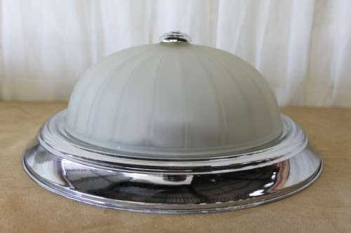 AN AWESOME COLLECTION OF FOUR CHROME AND FROSTED GLASS DOME CEILING LIGHT FITTINGS bid/light