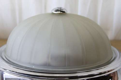 AN AWESOME COLLECTION OF FOUR CHROME AND FROSTED GLASS DOME CEILING LIGHT FITTINGS bid/light