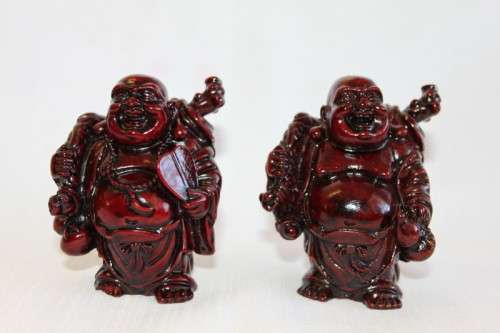 TWO AWESOME CHINESE "LAUGHING BUDDHA'S" (BUDAI) IN A TRADITIONAL RED LACQUERED FINISH bid/buddha