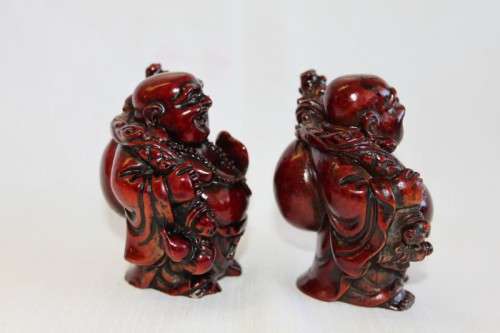 TWO AWESOME CHINESE "LAUGHING BUDDHA'S" (BUDAI) IN A TRADITIONAL RED LACQUERED FINISH bid/buddha