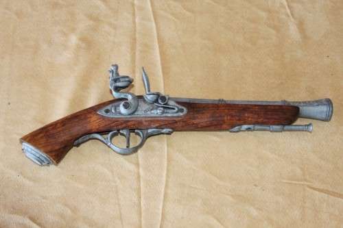 2x AWESOME "ORNAMENTAL" BLACK POWDER FLINT-LOCK PISTOLS w/ METAL EMBELLISHMENTS & MUZZLES bid/pistol