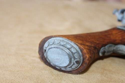 2x AWESOME "ORNAMENTAL" BLACK POWDER FLINT-LOCK PISTOLS w/ METAL EMBELLISHMENTS & MUZZLES bid/pistol