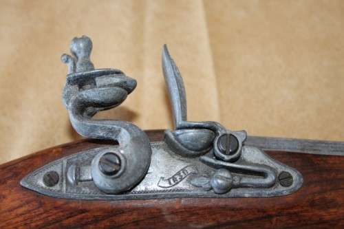 2x AWESOME "ORNAMENTAL" BLACK POWDER FLINT-LOCK PISTOLS w/ METAL EMBELLISHMENTS & MUZZLES bid/pistol