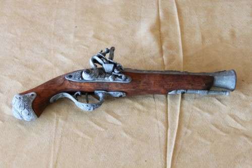 2x AWESOME "ORNAMENTAL" BLACK POWDER FLINT-LOCK PISTOLS w/ METAL EMBELLISHMENTS & MUZZLES bid/pistol