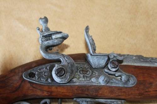 2x AWESOME "ORNAMENTAL" BLACK POWDER FLINT-LOCK PISTOLS w/ METAL EMBELLISHMENTS & MUZZLES bid/pistol