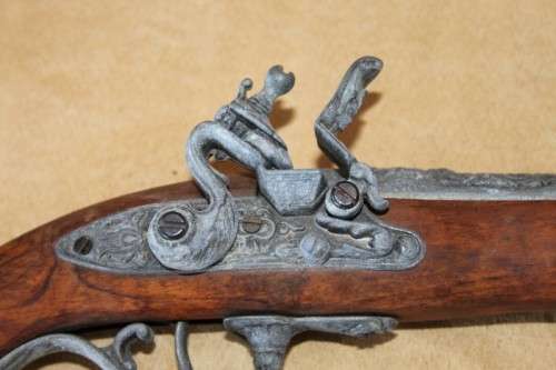 2x AWESOME "ORNAMENTAL" BLACK POWDER FLINT-LOCK PISTOLS w/ METAL EMBELLISHMENTS & MUZZLES bid/pistol