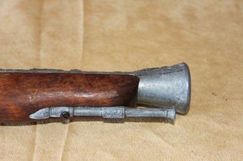2x AWESOME "ORNAMENTAL" BLACK POWDER FLINT-LOCK PISTOLS w/ METAL EMBELLISHMENTS & MUZZLES bid/pistol