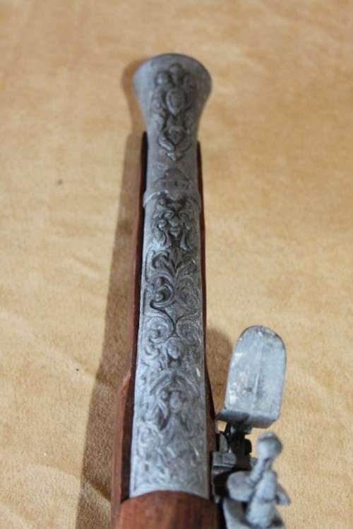 2x AWESOME "ORNAMENTAL" BLACK POWDER FLINT-LOCK PISTOLS w/ METAL EMBELLISHMENTS & MUZZLES bid/pistol