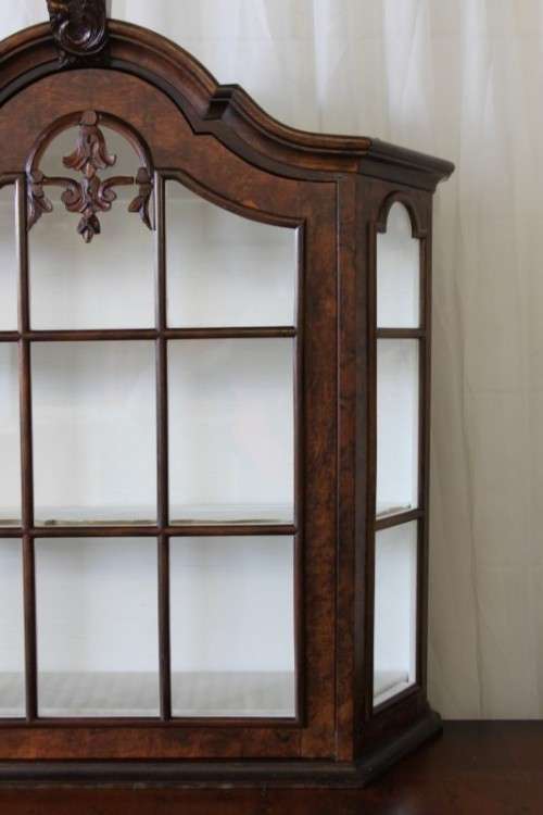 A BEAUTIFUL ANTIQUE GABLED WALNUT SHOW CABINET w/ STUNNING CARVED DETAILING & BEVELLED GLASS PANELS