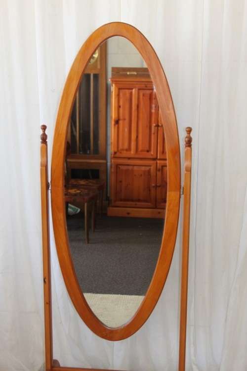 AN EXQUISITE SOLID YELLOW WOOD "FREE-STANDING" TILTING OVAL CHEVAL MIRROR IN GREAT CONDITION