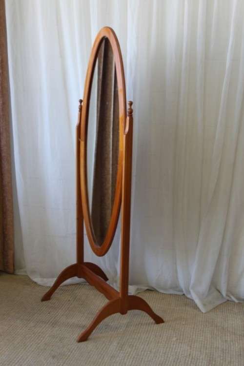 AN EXQUISITE SOLID YELLOW WOOD "FREE-STANDING" TILTING OVAL CHEVAL MIRROR IN GREAT CONDITION