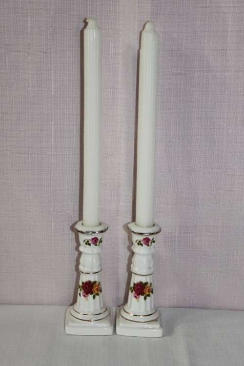 A STUNNING PAIR OF "COTTAGE ROSE" FINE BONE CHINA CANDLE STANDS IN SUPERB CONDITION