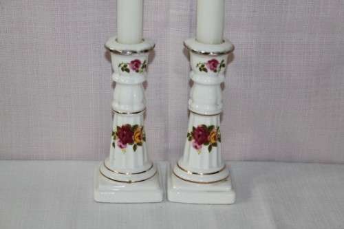 A STUNNING PAIR OF "COTTAGE ROSE" FINE BONE CHINA CANDLE STANDS IN SUPERB CONDITION