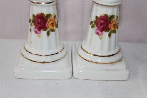 A STUNNING PAIR OF "COTTAGE ROSE" FINE BONE CHINA CANDLE STANDS IN SUPERB CONDITION