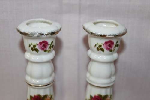 A STUNNING PAIR OF "COTTAGE ROSE" FINE BONE CHINA CANDLE STANDS IN SUPERB CONDITION